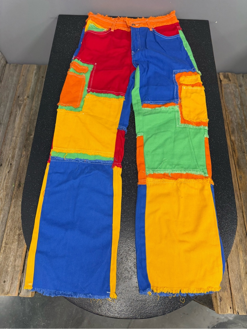 Multicolor Patchwork Cargo Pants - Blue, Yellow, Green, Red, Orange